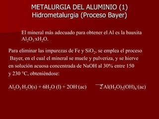 El mineral más adecuado para obtener el Al es la bauxita
Al2O3
.xH2O.
Para eliminar las impurezas de Fe y SiO2, se emplea el proceso
Bayer, en el cual el mineral se muele y pulveriza, y se hierve
en solución acuosa concentrada de NaOH al 30% entre 150
y 230 °C, obteniéndose:
Al2O3
.H2O(s) + 6H2O (l) + 2OH-(ac) 2 Al(H2O)2(OH)4
-(ac)
METALURGIA DEL ALUMINIO (1)
Hidrometalurgia (Proceso Bayer)
 