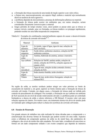 !   a formação das trincas necessita de uma tensão de tração superior a um valor crítico.
!   a fratura tem, macroscopicamente, um aspecto frágil, embora o material seja normalmente
    dúctil na ausência do meio agressivo.
!   o problema depende da microestrutura e presença de deformações plásticas no material.
!   a formação de trincas pode ocorrer em ambientes que, em outras situações, seriam
    considerados fracamente corrosivos para o material.
!   longos períodos de tempo (muitas vezes, anos) podem se passar antes que as trincas se
    tornem visíveis; contudo, uma vez formadas, as trincas tendem a se propagar rapidamente,
    podendo resultar em uma falha inesperada do componente.

Tabela 6.I Exemplos de combinações material/ambiente capazes de causar o desenvolvimento
           de trincas de corrosão sob tensão(6..3).

               Material                             Ambiente
            Ligas de          Ar úmido, vapor d’água, água do mar, soluções de
            alumínio          NaCl em H2O2.
            Ligas de          Ácido nítrico, ambientes cáusticos, soluções de HF,
            magnésio          ambientes costeiros.
            Ligas de          Amônia, hidróxido de amônia, aminas e mercúrio.
            cobre
            Aço carbono       Soluções de NaOH, amônia anidra, soluções de
                              nitrato, soluções de CO/CO2, soluções aquosas de
                              cianeto e H2S.
            Aço               Água do mar, soluções ácidas contendo cloretos,
            inoxidável        soluções de H2S.
            Ligas de          Soda cáustica fundida, ácido clorídrico.
            níquel
            Titânio           Água do mar, ácido nítrico fumegante, solução de
                              metanol/HCl.


Na região da solda, as tensões residuais podem atingir um valor próximo ao limite de
escoamento do material e, em geral, superior ao limite mínimo para a formação de trincas de
corrosão sob tensão. Contudo, em alguns casos, a formação de trincas pode ser inibida pelo
controle do procedimento de soldagem. Por exemplo, a fissuração em aço carbono em ambiente
de H2S necessita de um nível de tensão relativamente elevado e o problema pode ser controlado
limitando-se a dureza da solda a valores inferiores a 200 Brinnel. O mesmo valor vale para
soluções aquosas de cianeto. Em muitos casos, um tratamento térmico de alívio de tensões pode
ser realizado após soldagem para reduzir a chance de ocorrência de corrosão sob tensão.


6.8 – Ensaios de Fissuração

Um grande número de trabalhos tem sido realizado há várias décadas para a compreensão e a
caracterização das diversas formas de fissuração que podem ocorrer em uma solda. Aspectos
como a influência da composição química da solda ou do metal base, dos parâmetros de
soldagem e dos níveis de tensão têm sido estudados. Por outro lado, a tendência de uma trinca se
formar em um dado componente soldado é um evento complexo que depende de inúmeros


                                               Modenesi, Marques, Santos: Metalurgia da Soldagem 6.14
 