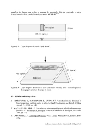 superfície de fratura para avaliar a presença de porosidade, falta de penetração e outras
descontinuidades. Este ensaio é descrito na norma AWS B 4.0(6.10).




                                           19 mm (MIN)                         25 mm


                                230 mm (aprox.)


                                                                           t



Figura 6.19 Corpo de prova do ensaio “Nick Break”.




                                                                          125 (aprox.)
      100 (aprox.)

                             250 (min.)




Figura 6.20 Corpo de prova do ensaio de filete (dimensões em mm). Seta – local de aplicação
            da carga para a ruptura do corpo de prova.


6.9 - Referências Bibliográficas:

1. HEMSWORTH, B., BONISZEWSKI, T., EATON, N.F. "Classification and definition of
     high temperature welding cracks in alloys", Metal Construction and British Welding
     Journal, Fev. 1969, pp. 5-16.
2. MACHADO, I.G., KISS, J.F. "Mecanismo e natureza das trincas de solidificação nas soldas,
     partes I e II", Tecnologia de Soldagem, Associação Brasileira de Soldagem, São Paulo,
     1980, pp. 1-30.
3. LANCASTER, J.F. Metallurgy of Welding, 4ª Ed., George Allen & Unwin, Londres, 1987,
     361p.


                                           Modenesi, Marques, Santos: Metalurgia da Soldagem 6.21
 