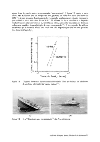 alguns deles de grande porte e com resultados “espetaculares”. A figura 7.2 mostra o navio
tanque MV Kurdistan após se romper em dois, próximo da costa do Canadá em março de
1979(7.2). A parte posterior da embarcação foi recuperada, levada para um estaleiro e uma nova
proa soldada a ela a um custo de cerca de 2,75 milhões de libras esterlinas e o inquérito
resultante custou algo em torno de 3,3 milhões de libras, sem contar as perdas dos donos da
embarcação devido à impossibilidade de usar a embarcação(7.3). A investigação do acidente
determinou que a fratura se iniciou uma solda com falta de penetração feita em uma quilha no
bojo do navio (figura 7.3).
                       Quantid. Acumulada de Falhas (%)




                                                           10

                                                                         Soldas

                                                            1

                                                                                     Tubulações

                                                           0.1




                                                          0.01
                                                              103        104            105            106
                                                                    Tempo de Serviço (horas)

Figura 7.1   Diagrama mostrando a quantidade acumulada de falhas por fluência em tubulações
             de um forno reformador de vapor e metano(7.1).




                    (a)                                                                                  (b)
Figura 7.2   O MV Kurdistan após o seu acidente(7.3). (a) Proa e (b) popa.




                                                                               Modenesi, Marques, Santos: Metalurgia da Soldagem 7.2
 