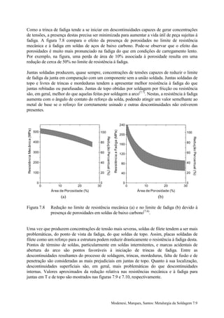 Como a trinca de fadiga tende a se iniciar em descontinuidades capazes de gerar concentrações
de tensões, a presença destas precisa ser minimizada para aumentar a vida útil de peça sujeitas à
fadiga. A figura 7.8 compara o efeito da presença de porosidades no limite de resistência
mecânica e à fadiga em soldas de aços de baixo carbono. Pode-se observar que o efeito das
porosidades é muito mais pronunciado na fadiga do que em condições de carregamento lento.
Por exemplo, na figura, uma perda de área de 10% associada à porosidade resulta em uma
redução de cerca de 50% no limite de resistência à fadiga.

Juntas soldadas produzem, quase sempre, concentrações de tensões capazes de reduzir o limite
de fadiga da junta em comparação com um componente sem a união soldada. Juntas soldadas de
topo e livres de trincas e mordeduras tendem a apresentar melhor resistência à fadiga do que
juntas rebitadas ou parafusadas. Juntas de topo obtidas por soldagem por fricção ou resistência
são, em geral, melhor do que aquelas feitas por soldagem a arco(7.7). Nestas, a resistência à fadiga
aumenta com o ângulo de contato do reforço da solda, podendo atingir um valor semelhante ao
metal de base se o reforço for corretamente usinado e outras descontinuidades não estiverem
presentes.


                                                                                                                                240
Resistência Mecânica (MPa)




                                                                                                   Resistência a Fadiga (MPa)



                             500                                  100                                                                                               100
                                                                                                                                200
                                                                        Redução Percentual (%)




                                                                                                                                                                          Redução Percentual (%)
                             400                                  80                                                                                                80
                                                                                                                                160

                             300                                  60                                                                                                60
                                                                                                                                120

                             200                                  40                                                             80                                 40


                             100                                  20                                                             40                                 20


                               0                                  0                                                               0                                  0
                                   0       10         20        30                                                                    0       10            20     30
                                       Área de Porosidade (%)                                                                             Área de Porosidade (%)
                                            (a)                                                                                                       (b)

Figura 7.8                             Redução no limite de resistência mecânica (a) e no limite de fadiga (b) devido à
                                       presença de porosidades em soldas de baixo carbono(7.6).


Uma vez que produzem concentrações de tensão mais severas, soldas de filete tendem a ser mais
problemáticas, do ponto de vista da fadiga, do que soldas de topo. Assim, placas soldadas de
filete como um reforço para a estrutura podem reduzir drasticamente o resistência à fadiga desta.
Pontos de término de soldas, particularmente em soldas intermitentes, e marcas acidentais de
abertura do arco são pontos favoráveis à iniciação de trincas de fadiga. Entre as
descontinuidades resultantes do processo de soldagem, trincas, mordeduras, falta de fusão e de
penetração são consideradas as mais prejudiciais em juntas de topo. Quanto à sua localização,
descontinuidades superficiais são, em geral, mais problemáticas do que descontinuidades
internas. Valores aproximados da redução relativa nas resistências mecânica e à fadiga para
juntas em T e de topo são mostrados nas figuras 7.9 e 7.10, respectivamente.




                                                                                                 Modenesi, Marques, Santos: Metalurgia da Soldagem 7.9
 