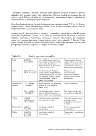 Terminado o lixamento, a amostra é polida de forma especular, utilizando-se abrasivos que são
aplicados sobre um pano próprio para metalografia. Este pano é colado em um prato que vai
girar a cerca de 300 rpm. O polimento é feito atritando a amostra contra o pano e girando-a no
sentido contrário ao de rotação do prato da politriz.

O melhor abrasivo existente é a pasta de diamante, nas granulometrias de 7, 3, 1 e 1/4 de mm,
respectivamente. Outros abrasivos como alumina, óxido de cromo, óxido de ferro e óxido de
magnésio também são usados nesta etapa.

Antes de proceder ao ataque químico, a amostra é observada no microscópio metalográfico para
verificação do polimento, ou seja, se os riscos do lixamento foram eliminados. Verifica-se
também a existência de microtrincas, porosidades e inclusões não metálicas. Se a superfície
estiver bem preparada, procede-se o ataque químico com o reativo adequado. A Tabela 8.II lista
alguns reativos utilizados em soldas, suas características e aplicações. O ataque pode ser feito
por aplicação ou imersão, seguindo-se lavagem da amostra e secagem.




Tabela 8.II -              Reativos para exame micrográfico.
 Nital             2 ml HNO3,              Não é tão bom quanto picral para         Para aços carbono: fornece
                   98 ml C2H5OH.           alta resolução em estruturas tratadas    contraste máximo entre perlita
                                           termicamente. Excelente para             e ferrita ou rede de cementita,
                                           delinear contornos de grão ferríticos.   revela contornos ferríticos;
                                           Tempo de ataque: 3-60 s.                 distingue ferrita de martensita.
 Picral            4 g de ácido pícrico,   Não tão bom quanto Nital para            Para todos os aços
                   100 ml de C2H5OH.       revelar contornos de grão ferríticos.    carbono:recozido,
                                           Fornece maior resolução com perlita      normalizado, temperado e
                                           fina, martensita revenida e bainita.     revenido, esferoidizado e
                                           Deteta carbonetos. Tempo de              austemperado.
                                           ataque: 5-60 s ou mais.
 Metabissulfito    (A) 8 g Na2S2O5,        Reativo geral para aços. Resultados      Escurece a martensita.
 de sódio            100 ml H2O.           similares ao Picral. Tempo de
                                           ataque: 5-60 s.

                   (B) 1 g Na2S2O5,        Imersão da amostra por 2 min até         Tinge a martensita de baixo
                     100 ml H2O.           que a superfície polida torna-se         carbono (ripas) em ligas Fe-C.
                                           laranja. Melhor usar luz polarizada.
 Villela           5 ml HCl,               Melhores resultados são obtidos          Para revelar tamanho de grão
                   1 g ácido pícrico,      para martensita revenida.                austenítico em aços
                   100 ml C2H5OH.                                                   temperados e temperados e
                                                                                    revenidos.
 Cloreto férrico   5 g FeCl3,              Imersão até revelação da                 Revela estrutura de níquel e
                   50 ml H2O.              microestrutura.                          aços inoxidáveis.
 Marble            5 g CuSO4,              Imersão até revelação da                 Para aços inox. e outros de alto
                   20 ml HCl,              microestrutura                           Ni ou Co.
                   20 ml H2O.




                                                         Modenesi, Marques, Santos: Metalurgia da Soldagem 8.6
 