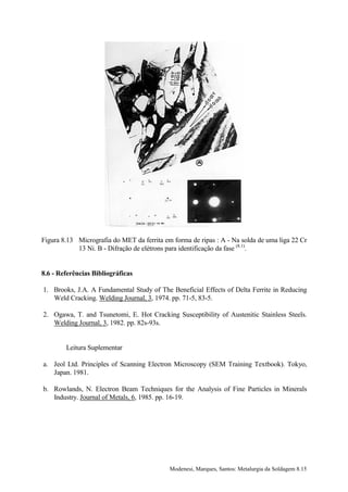 Figura 8.13 Micrografia do MET da ferrita em forma de ripas : A - Na solda de uma liga 22 Cr
            13 Ni. B - Difração de elétrons para identificação da fase (8.1).


8.6 - Referências Bibliográficas

1. Brooks, J.A. A Fundamental Study of The Beneficial Effects of Delta Ferrite in Reducing
   Weld Cracking. Welding Journal, 3, 1974. pp. 71-5, 83-5.

2. Ogawa, T. and Tsunetomi, E. Hot Cracking Susceptibility of Austenitic Stainless Steels.
   Welding Journal, 3, 1982. pp. 82s-93s.


        Leitura Suplementar

a. Jeol Ltd. Principles of Scanning Electron Microscopy (SEM Training Textbook). Tokyo,
   Japan. 1981.

b. Rowlands, N. Electron Beam Techniques for the Analysis of Fine Particles in Minerals
   Industry. Journal of Metals, 6, 1985. pp. 16-19.




                                            Modenesi, Marques, Santos: Metalurgia da Soldagem 8.15
 