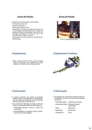 10
As seguintes operações podem ser executadas:
- Homogeneização do calor;
- Ajuste da composição;
Ajuste da temperatura do aço;
Forno de Panela
- Ajuste da temperatura do aço;
- Desoxidação – remoção do oxigênio residual do aço
e cria condições termodinâmicas para a adição de
elementos de liga (os desoxidantes mais comuns são
ferro-ligas, escolhidos em função do aço a ser
fabricado (FeMn, FeSiMn) e Alumínio.
- Desulfuração com escória sintética ou injeção de pós;
- Desfosforação
Forno de Panela
Forno na metalurgia de panela
TodaToda aa etapaetapa dede refinorefino dodo açoaço sese dádá nono estadoestado
líquidolíquido.. ÉÉ necessário,necessário, pois,pois, solidificásolidificá--lolo dede formaforma
adequadaadequada emem funçãofunção dada suasua utilizaçãoutilização posteriorposterior..
LingotamentoLingotamento Lingotamento ContínuoLingotamento Contínuo
ConformaçãoConformação
AA grandegrande importânciaimportância dosdos metaismetais nana tecnologiatecnologia
modernamoderna devedeve--se,se, emem grandegrande parte,parte, àà facilidadefacilidade comcom
queque eleseles podempodem serser produzidosproduzidos nasnas maismais variadasvariadas
formas,formas, parapara atenderatender aa diferentesdiferentes usosusos..
OsOs processosprocessos dede fabricaçãofabricação dede peçaspeças aa partirpartir dosdos
metaismetais nono estadoestado sólidosólido podempodem serser classificadosclassificados emem::
-- ConformaçãoConformação MecânicaMecânica:: volumevolume ee massamassa sãosão
conservadosconservados;;
-- RemoçãoRemoção MetálicaMetálica ouou UsinagemUsinagem:: retiraretira--sese materialmaterial
parapara sese obterobter aa formaforma desejadadesejada;;
OsOs processosprocessos dede conformaçãoconformação mecânicamecânica podempodem serser
classificadosclassificados dede acordoacordo comcom oo tipotipo dede forçaforça aplicadaaplicada
aoao materialmaterial::
-- Compressão direta:Compressão direta: Forjamento, Laminação;Forjamento, Laminação;
ConformaçãoConformação
pp j çj ç
-- Compressão indireta:Compressão indireta: TrefilaçãoTrefilação, Extrusão,, Extrusão,
EmbutimentoEmbutimento;;
-- TrativoTrativo:: Estiramento;Estiramento;
-- Dobramento:Dobramento: Dobramento;Dobramento;
-- Cisalhamento:Cisalhamento: Corte.Corte.
 