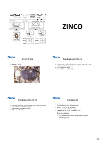 20
CobreCobreCobre
Produção de Cobre
Ocorrência
• Blenda ( ZnS )
ZincoZincoZinco
Fonte: Canto, 1996
Produção de Zinco
• A Blenda reage, sob aquecimento, com oxigênio, produzindo o óxido 
de zinco e e o dióxido de enxofre.
• É a USTULAÇÃO da blenda.
• 2 ZnS +  3 O2 → 2 ZnO  +  2 SO2 
ZincoZincoZinco
Produção de Zinco
• O óxido de zinco reage, sob aquecimento, com carbono, produzindo 
zinco metálico  e monóxido de carbono.
• O carbono atua como agente redutor.
• ZnO  +  C  → Zn  + CO
ZincoZincoZinco
Aplicações
• Produção de aço galvanizado
• Pilhas comuns e alcalinas
• Liga de latão (20% Zn e 80% Cu)
ZincoZincoZinco
• Seus compostos:
– ZnS (osciloscópios, telas detectoras de raios X
– ZnO (fungicida)
 