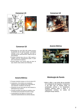 9
Conversor LD Conversor LD
Conversor LD
Responsável por cerca 60% (540 milhões ton/ano)
da produção de aço líquido mundial, a tecnologia
continua a ser a mais importante rota para a
produção de aço particularmente chapas de aço deprodução de aço, particularmente, chapas de aço de
alta qualidade.
Processo industrial teve início em 1952, quando o
oxigênio tornou-se industrialmente barato. A partir
daí o crescimento foi explosivo.
Permite elaborar uma enorme gama de tipos de
aços, desde o baixo carbono aos média-liga.
Aciaria Elétrica
Aciaria Elétrica
Processo industrial começou no início do século XX.
Inicialmente, o forno elétrico era considerado
sobretudo como um aparelho para a fabricação de
aços especiais, inoxidáveis e de alta liga.ç p , g
Atualmente, ele tem sido cada vez mais utilizado na
fabricação de aço carbono.
Processo reciclador de sucata por excelência; não
há restrição para proporção de sucata na carga.
A participação do aço elétrico no mundo vem
crescendo substancialmente nas últimas décadas.
Metalurgia de Panela
ApósApós oo refino,refino, oo açoaço aindaainda nãonão sese encontraencontra
emem condiçõescondições dede serser lingotadolingotado.. OO tratamentotratamento
aa serser feitofeito visavisa osos acertosacertos finaisfinais nana
composiçãocomposição químicaquímica ee nana temperaturatemperatura..
Portanto,Portanto, situasitua--sese entreentre oo refinorefino ee oo
lingotamentolingotamento contínuocontínuo nana cadeiacadeia dede
produçãoprodução dede açoaço carbonocarbono..
 