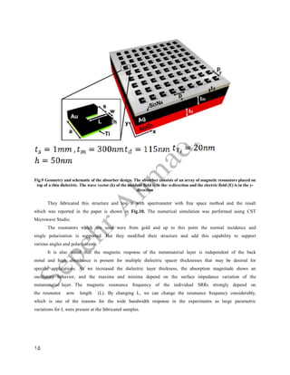 15
Fig.9 Geometry and schematic of the absorber design. The absorber consists of an array of magnetic resonators placed on
top of a thin dielectric. The wave vector (k) of the incident field is in the ̶ z-direction and the electric field (E) is in the y-
direction
They fabricated this structure and test it with spectrometer with free space method and the result
which was reported in the paper is shown in Fig.10. The numerical simulation was performed using CST
Microwave Studio.
The resonators which are used were from gold and up to this point the normal incidence and
single polarization is supported. But they modified their structure and add this capability to support
various angles and polarizations.
It is also stated that the magnetic response of the metamaterial layer is independent of the back
metal and high absorbance is present for multiple dielectric spacer thicknesses that may be desired for
specific applications. As we increased the dielectric layer thickness, the absorption magnitude shows an
oscillatory behavior, and the maxima and minima depend on the surface impedance variation of the
metamaterial layer. The magnetic resonance frequency of the individual SRRs strongly depend on
the resonator arm length (L). By changing L, we can change the resonance frequency considerably,
which is one of the reasons for the wide bandwidth response in the experiments as large parametric
variations for L were present at the fabricated samples.
 