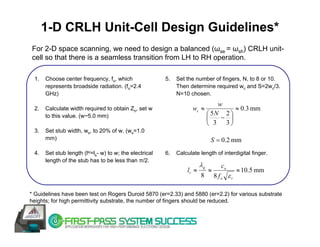 1-D CRLH Unit-Cell Design Guidelines*
For 2-D space scanning, we need to design a balanced (ωse = ωsh) CRLH unit-
cell so that there is a seamless transition from LH to RH operation.

 1.   Choose center frequency, fo, which                 5.   Set the number of fingers, N, to 8 or 10.
      represents broadside radiation. (fo=2.4                 Then determine required wc and S=2wc/3.
      GHz)                                                    N=10 chosen.
                                                                                  w
 2.   Calculate width required to obtain Zo, set w                   wc ≈              ≈ 0.3 mm
      to this value. (w~5.0 mm)                                               ⎛ 5N 2 ⎞
                                                                              ⎜    − ⎟
                                                                              ⎝ 3 3⎠
 3.   Set stub width, ws, to 20% of w. (ws=1.0
      mm)                                                                      S = 0.2 mm
 4.   Set stub length (lsi=ls- w) to w; the electrical   6.   Calculate length of interdigital finger.
      length of the stub has to be less than π/2.
                                                                         λg          co
                                                                  lc ≈        ≈              ≈ 10.5 mm
                                                                         8        8 fo ε r

* Guidelines have been test on Rogers Duroid 5870 (er=2.33) and 5880 (er=2.2) for various substrate
heights; for high permittivity substrate, the number of fingers should be reduced.
 