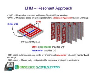 LHM – Resonant Approach
• 1967: LHM were first proposed by Russian Physicist Victor Veselago
• 2001: LHM realized based on split ring resonators - Resonant Approach towards LHMs [2].
                                 SRR
metal wire




               SRR-based LHM unit-cell

                            SRR: at resonance provides μ<0
                            metal wire: provides ε<0
• SRR-based metamaterials only exhibit LH properties at resonance - inherently narrow-band
and lossy.
• SRR-based LHMs are bulky - not practical for microwave engineering applications.
 