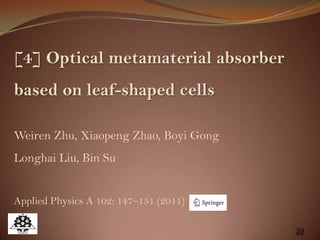 29
[4] Optical metamaterial absorber
based on leaf-shaped cells
Weiren Zhu, Xiaopeng Zhao, Boyi Gong
Longhai Liu, Bin Su
Applied Physics A 102: 147–151 (2011)
 
