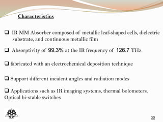30
Characteristics
 IR MM Absorber composed of metallic leaf-shaped cells, dielectric
substrate, and continuous metallic film
 Absorptivity of 99.3% at the IR frequency of 126.7 THz
 fabricated with an electrochemical deposition technique
 Support different incident angles and radiation modes
 Applications such as IR imaging systems, thermal bolometers,
Optical bi-stable switches
 