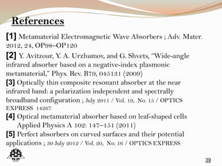 39
References
[1] Metamaterial Electromagnetic Wave Absorbers ; Adv. Mater.
2012, 24, OP98–OP120
[2] Y. Avitzour, Y. A. Urzhumov, and G. Shvets, “Wide-angle
infrared absorber based on a negative-index plasmonic
metamaterial,” Phys. Rev. B79, 045131 (2009)
[3] Optically thin composite resonant absorber at the near
infrared band: a polarization independent and spectrally
broadband configuration ; July 2011 / Vol. 19, No. 15 / OPTICS
EXPRESS 14267
[4] Optical metamaterial absorber based on leaf-shaped cells
Applied Physics A 102: 147–151 (2011)
[5] Perfect absorbers on curved surfaces and their potential
applications ; 30 July 2012 / Vol. 20, No. 16 / OPTICS EXPRESS
 