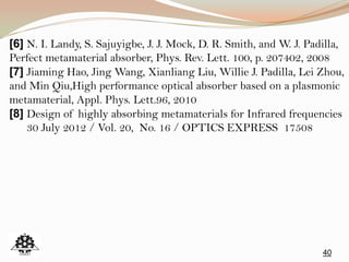 40
[6] N. I. Landy, S. Sajuyigbe, J. J. Mock, D. R. Smith, and W. J. Padilla,
Perfect metamaterial absorber, Phys. Rev. Lett. 100, p. 207402, 2008
[7] Jiaming Hao, Jing Wang, Xianliang Liu, Willie J. Padilla, Lei Zhou,
and Min Qiu,High performance optical absorber based on a plasmonic
metamaterial, Appl. Phys. Lett.96, 2010
[8] Design of highly absorbing metamaterials for Infrared frequencies
30 July 2012 / Vol. 20, No. 16 / OPTICS EXPRESS 17508
 