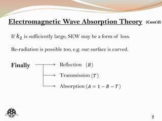 9
Electromagnetic Wave Absorption Theory (Cont’d)
If is sufficiently large, SEW may be a form of loss.
Re-radiation is possible too, e.g. our surface is curved.
Finally Reflection ( )
Transmission ( )
Absorption ( )
 