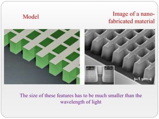 The size of these features has to be much smaller than the
wavelength of light
Model Image of a nano-
fabricated material
 