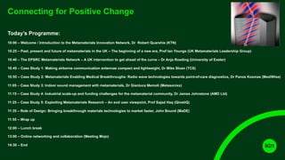Connecting for Positive Change
Today’s Programme:
10:00 – Welcome / Introduction to the Metamaterials Innovation Network, Dr Robert Quarshie (KTN)
10:25 – Past, present and future of metamaterials in the UK – The beginning of a new era, Prof Ian Youngs (UK Metamaterials Leadership Group)
10:40 – The EPSRC Metamaterials Network – A UK intervention to get ahead of the curve – Dr Anja Roeding (University of Exeter)
10:45 – Case Study 1: Making airborne communication antennas compact and lightweight, Dr Mike Sloan (TCS)
10:55 – Case Study 2: Metamaterials Enabling Medical Breakthroughs: Radio wave technologies towards point-of-care diagnostics, Dr Panos Kosmas (MediWise)
11:05 – Case Study 3: Indoor sound management with metamaterials, Dr Gianluca Memoli (Metasonixx)
11:15 – Case Study 4: Industrial scale-up and funding challenges for the metamaterial community, Dr James Johnstone (AMD Ltd)
11:25 – Case Study 5: Exploiting Metamaterials Research – An end user viewpoint, Prof Sajad Haq (QinetiQ)
11:35 – Role of Design: Bringing breakthrough materials technologies to market faster, John Bound (MaDE)
11:55 – Wrap up
12:00 – Lunch break
13:00 – Online networking and collaboration (Meeting Mojo)
14:30 – End
 