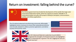 Return on investment: falling behind the curve?
The US national advanced manufacturing community, MForesight,
highlighted actions necessary to ensure that metamaterials become
more broadly adopted to address practical applications and deliver
societal and economic value.
The Chinese government has funded the development of the world’s first large-scale
metamaterial fabrication facility, which has capacity to produce 100,000 m2 of
metamaterial plates annually, with projects relating to aerospace, communication,
satellite and military applications.
The UK’s Advanced Materials Leadership Council (AMLC)
recognised the strengths of UK-based research, but highlighted
that in metamaterials in general “the UK is lagging the USA and
South East Asia”.
 