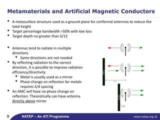www.natep.org.uk9 NATEP – An ATI Programme
• A metasurface structure used as a ground plane for conformal antennas to reduce the
total height
• Target percentage bandwidth >50% with low loss
• Target depth no greater than λ/12
Metamaterials and Artificial Magnetic Conductors
• Antennas tend to radiate in multiple
directions
• Some directions are not needed
• By reflecting radiation to the correct
direction, it is possible to improve radiation
efficiency/directivity
• Metal is usually used as a mirror
• Phase change on reflection for metals
requires λ/4 spacing
• An AMC will have no phase change on
reflection. Theoretically can have antenna
directly above mirror
 