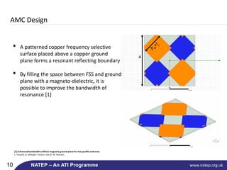 www.natep.org.uk10 NATEP – An ATI Programme
a
AMC Design
[1] Enhanced bandwidth artificial magnetic ground plane for low-profile antennas
L. Yousefi, B. Mohajer-Iravani, and O. M. Ramahi,
• A patterned copper frequency selective
surface placed above a copper ground
plane forms a resonant reflecting boundary
• By filling the space between FSS and ground
plane with a magneto-dielectric, it is
possible to improve the bandwidth of
resonance [1]
 