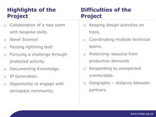 www.natep.org.uk
Highlights of the
Project
Difficulties of the
Project
o Collaboration of a new team
with bespoke skills.
o Novel Science!
o Passing lightning test!
o Pursuing a challenge through
protected activity.
o Documenting Knowledge.
o IP Generation.
o Opportunity to engage with
aerospace community.
o Keeping design activities on
track.
o Coordinating multiple technical
teams.
o Protecting resource from
production demands
o Responding to unexpected
events/data.
o Geography – distance between
partners.
 