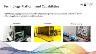 September 23, 2020 3
Technology Platform and Capabilities
Private and Confidential © 2020 Metamaterial Inc. All Rights Reserved
META has developed proprietary tools and methods to design and manufacture nano-patterns on film for
different applications with its invented technologies:
Holography Lithography Medical Sensing
 