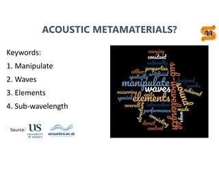 6
Keywords:
1. Manipulate
2. Waves
3. Elements
4. Sub-wavelength
ACOUSTIC METAMATERIALS?
Source:
 