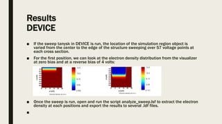 Results
DEVICE
■ If the sweep tanysk in DEVICE is run, the location of the simulation region object is
varied from the center to the edge of the structure sweeping over 57 voltage points at
each cross section.
■ For the first position, we can look at the electron density distribution from the visualizer
at zero bias and at a reverse bias of 4 volts:
■ Once the sweep is run, open and run the script analyze_sweep.lsf to extract the electron
density at each positions and export the results to several .ldf files.
■
 