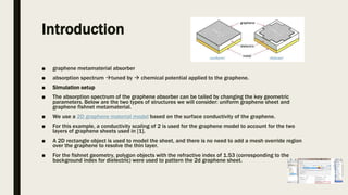 Introduction
■ graphene metamaterial absorber
■ absorption spectrum tuned by  chemical potential applied to the graphene.
■ Simulation setup
■ The absorption spectrum of the graphene absorber can be tailed by changing the key geometric
parameters. Below are the two types of structures we will consider: uniform graphene sheet and
graphene fishnet metamaterial.
■ We use a 2D graphene material model based on the surface conductivity of the graphene.
■ For this example, a conductivity scaling of 2 is used for the graphene model to account for the two
layers of graphene sheets used in [1].
■ A 2D rectangle object is used to model the sheet, and there is no need to add a mesh override region
over the graphene to resolve the thin layer.
■ For the fishnet geometry, polygon objects with the refractive index of 1.53 (corresponding to the
background index for dielectric) were used to pattern the 2d graphene sheet.
 