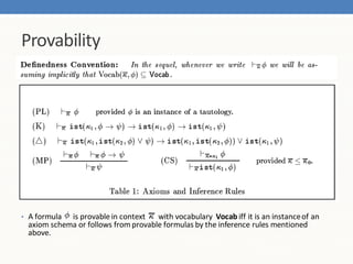 Provability




•   A formula is provable in context    with vocabulary Vocab iff it is an instance of an
    axiom schema or follows from provable formulas by the inference rules mentioned
    above.
 