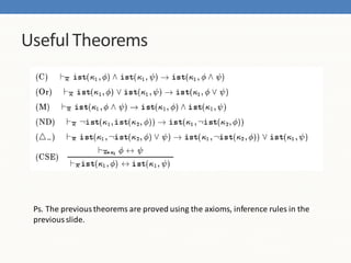 Useful Theorems




 Ps. The previous theorems are proved using the axioms, inference rules in the
 previous slide.
 