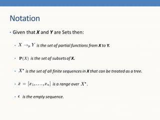 Notation
• Given that X and Y are Sets then:

  •          is the set of partial functions from X to Y.

  •       is the set of subsets of X.

  •    is the set of all finite sequences in X that can be treated as a tree.

  •                    is a range over     .

  •   is the empty sequence.
 