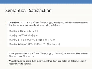 Semantics - Satisfaction

•




    Why? Because we add a third logic value other than true, false. So if X is not true, it
    doesn’t have to be false.
 