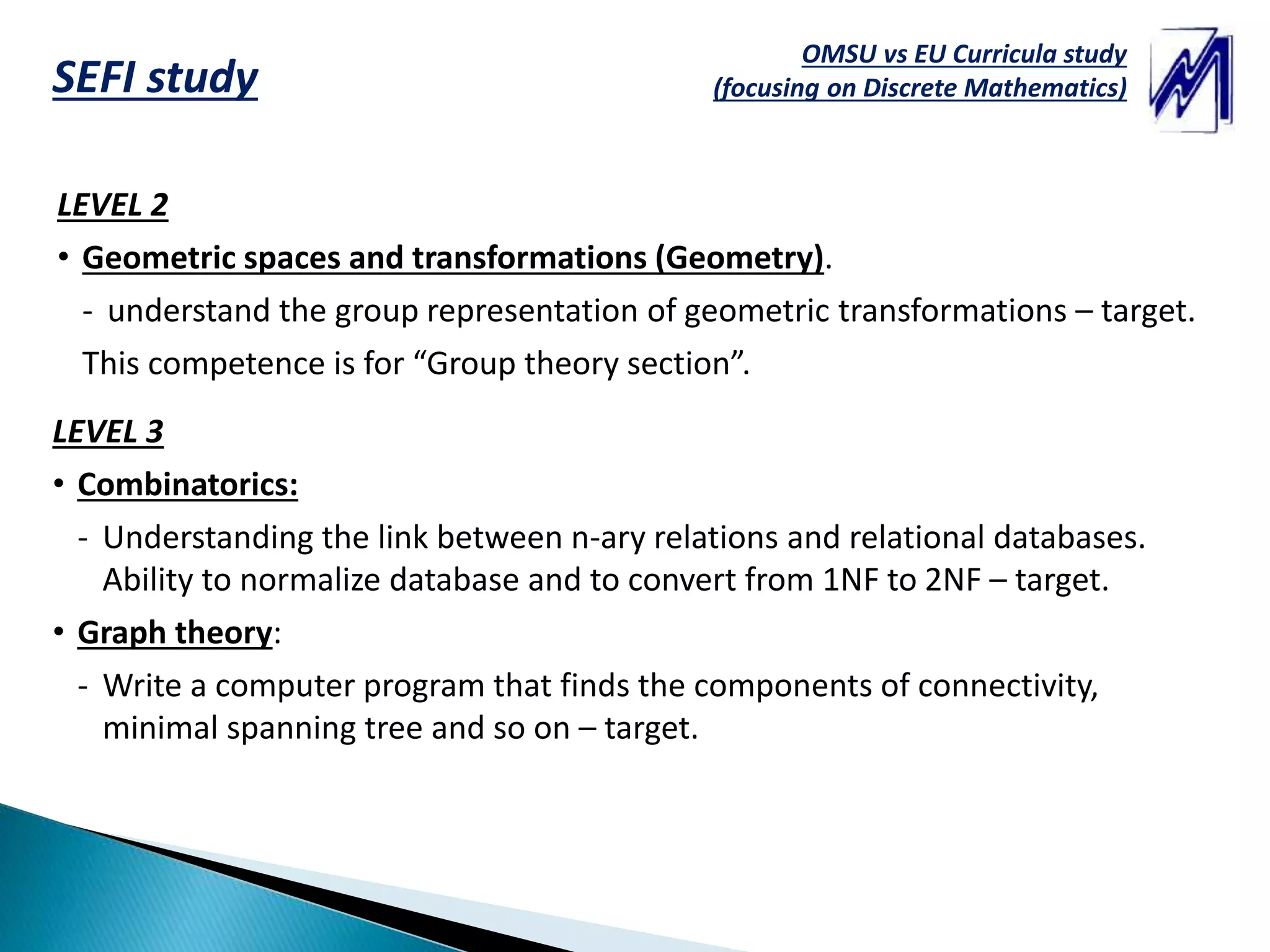 OMSU vs EU Curricula study
(focusing on Discrete Mathematics)SEFI study
LEVEL 2
• Geometric spaces and transformations (Geometry).
- understand the group representation of geometric transformations – target.
This competence is for “Group theory section”.
LEVEL 3
• Combinatorics:
- Understanding the link between n-ary relations and relational databases.
Ability to normalize database and to convert from 1NF to 2NF – target.
• Graph theory:
- Write a computer program that finds the components of connectivity,
minimal spanning tree and so on – target.
 