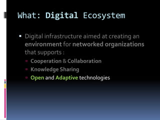 What: Digital Ecosystem

 Digital infrastructure aimed at creating an
  environment for networked organizations
  that su...