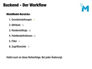 Backend - Der Workflow

 MetaModel-Bereiche:

   1. Grundeinstellungen

   2. Attribute

   3. Rendersettings

   4. Palettendefinitionen

   5. Filter

   6. Zugriffsrechte



 Haltet euch an diese Reihenfolge. Bei jeder Änderung!
 