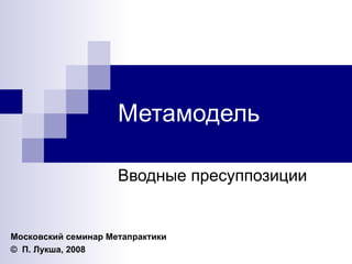 Метамодель Вводные пресуппозиции Московский семинар Метапрактики ©   П. Лукша , 2008 