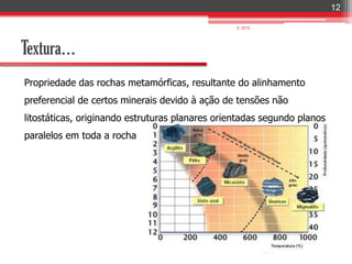12

                                                 IL 2012




Textura…
Propriedade das rochas metamórficas, resultante do alinhamento
preferencial de certos minerais devido à ação de tensões não
litostáticas, originando estruturas planares orientadas segundo planos
paralelos em toda a rocha
 