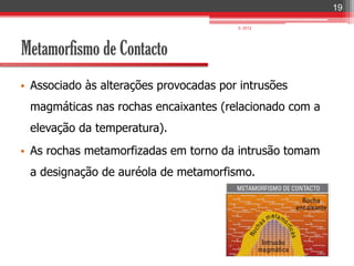 19

                                        IL 2012




Metamorfismo de Contacto
• Associado às alterações provocadas por intrusões
 magmáticas nas rochas encaixantes (relacionado com a
 elevação da temperatura).
• As rochas metamorfizadas em torno da intrusão tomam
 a designação de auréola de metamorfismo.
 