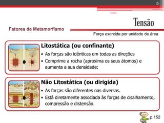 5

                                  IL 2012




                                              Tensão
                          Força exercida por unidade de área

Litostática (ou confinante)
• As forças são idênticas em todas as direções
• Comprime a rocha (aproxima os seus átomos) e
  aumenta a sua densidade;


Não Litostática (ou dirigida)
• As forças são diferentes nas diversas.
• Está diretamente associada às forças de cisalhamento,
  compressão e distensão.

                                                       p.152
 