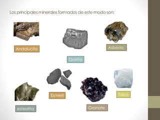 Los principales minerales formados de este modo son:

Asbesto

Andalucita
Grafito

Talco

Esmeril
esteatita

Granate

 