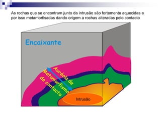 Intrusão
As rochas que se encontram junto da intrusão são fortemente aquecidas e
por isso metamorfisadas dando origem a rochas alteradas pelo contacto
 