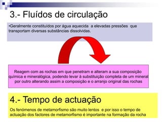 3.- Fluídos de circulação
•Geralmente constituídos por água aquecida a elevadas pressões que
transportam diversas substâncias dissolvidas.
Reagem com as rochas em que penetram e alteram a sua composição
química e mineralógica, podendo levar à substituição completa de um mineral
por outro alterando assim a composição e o arranjo original das rochas
4.- Tempo de actuação
Os fenómenos de metamorfismo são muito lentos e por isso o tempo de
actuação dos factores de metamorfismo é importante na formação da rocha
 