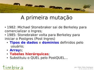 A primeira mutação
● 1982: Michael Stonebraker sai de Berkeley para
comercializar o Ingres;
● 1985: Stonebraker volta para Berkeley para


iniciar o Postgres (Post Ingres)
  ● Tipos de dados e domínios definidos pelo


    usuário;
  ● Arrays;

  ● Tabelas hierárquicas;

  ● Substituiu o QUEL pelo PostQUEL...




                                        por Fábio Telles Rodriguez
                                             03 de outubro de 2012
 