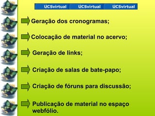 Geração dos cronogramas; Colocação de material no acervo;  Geração de links; Criação de salas de bate-papo; Criação de fóruns para discussão; Publicação de material no espaço webfólio. 