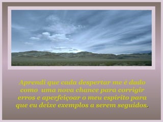 Aprendi que cada despertar me é dado como  uma nova chance para corrigir erros e aperfeiçoar o meu espírito para que eu deixe exemplos a serem seguidos . 