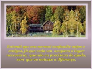 Entendi que era normal confundir anjos e  amigos, já que cada um  ocupava o lugar necessário,  quando eu precisava de ajuda, sem  que eu notasse a diferença. 