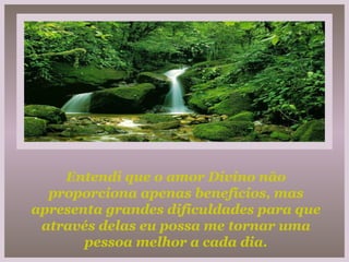 Entendi que o amor Divino não proporciona apenas benefícios, mas apresenta grandes dificuldades para que através delas eu possa me tornar uma pessoa melhor a cada dia. 