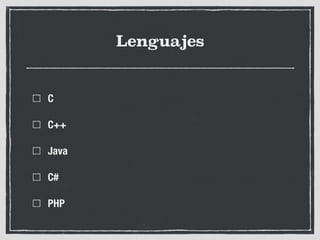 Lenguajes
C
C++
Java
C#
PHP
 