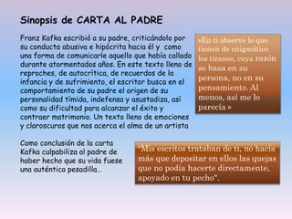 Sinopsis de CARTA AL PADRE
Franz Kafka escribió a su padre, criticándolo por
su conducta abusiva e hipócrita hacia él y como
una forma de comunicarle aquello que había callado
durante atormentados años. En este texto lleno de
reproches, de autocrítica, de recuerdos de la
infancia y de sufrimiento, el escritor busca en el
comportamiento de su padre el origen de su
personalidad tímida, indefensa y asustadiza, así
como su dificultad para alcanzar el éxito y
contraer matrimonio. Un texto lleno de emociones
y claroscuros que nos acerca el alma de un artista
Como conclusión de la carta
Kafka culpabiliza al padre de
haber hecho que su vida fuese
una auténtica pesadilla…
«En ti observe lo que
tienen de enigmático
los tiranos, cuya razón
se basa en su
persona, no en su
pensamiento. Al
menos, así me lo
parecía »
"Mis escritos trataban de ti, no hacía
más que depositar en ellos las quejas
que no podía hacerte directamente,
apoyado en tu pecho".
 