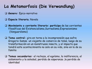 La Metamorfosis (Die Verwandlung)
 Genero: Epico-narrativo
 Especie literaria. Novela
 Movimiento o corriente literario: participa de las corrientes
filosóficas del Existencialismo,Surrealismo,Expresionismo
(Vanguardismo)
 Tema central: gira en torno a la incomprensión que sufre
Gregorio Samsa un viajante de comercio de telas, luego de su
transformación en un monstruoso insecto, y el impacto que
tendrá este acontecimiento no solo en su vida, sino en la de su
familia
 Temas secundarios: el rechazo, el egoísmo, la indiferencia, el
aislamiento y la soledad, perdida de esperanza ,la perdida de
identidad
 